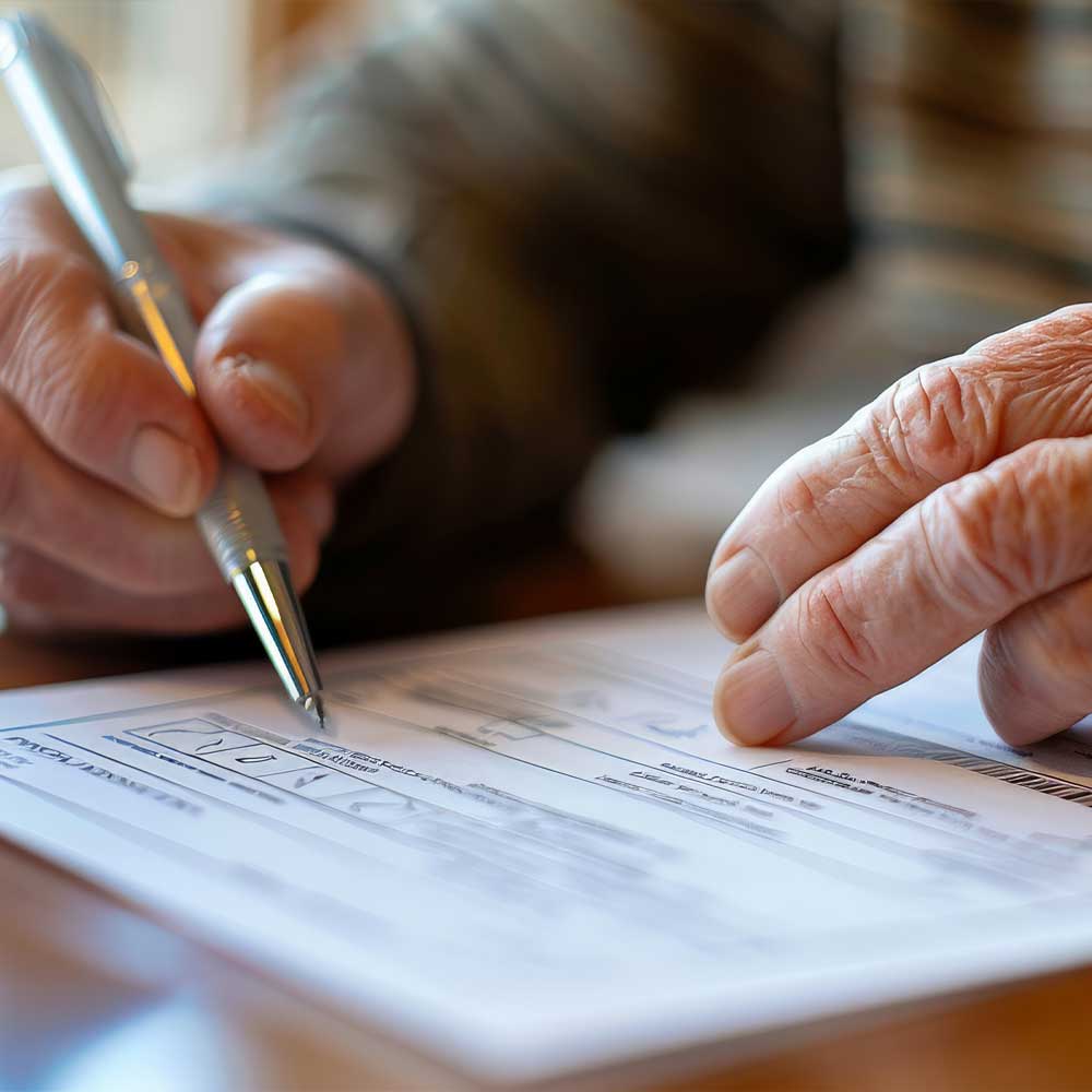 Un homme âgé qui signe un contrat de rente viagère